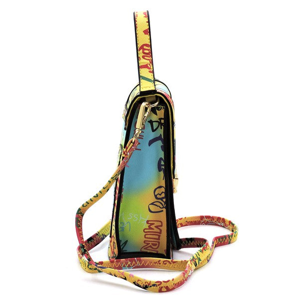 Multi Graffiti Top Flap Crossbody Bag Phone Purse