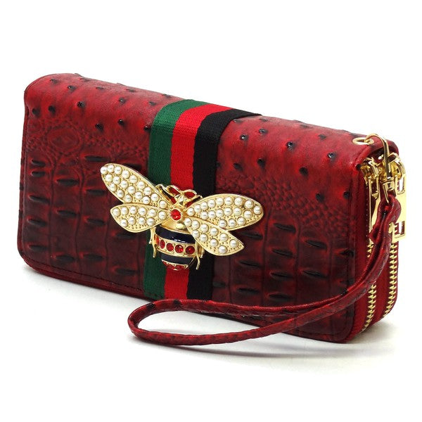 Queen Bee Stripe Ostrich Double Zip Around Wallet