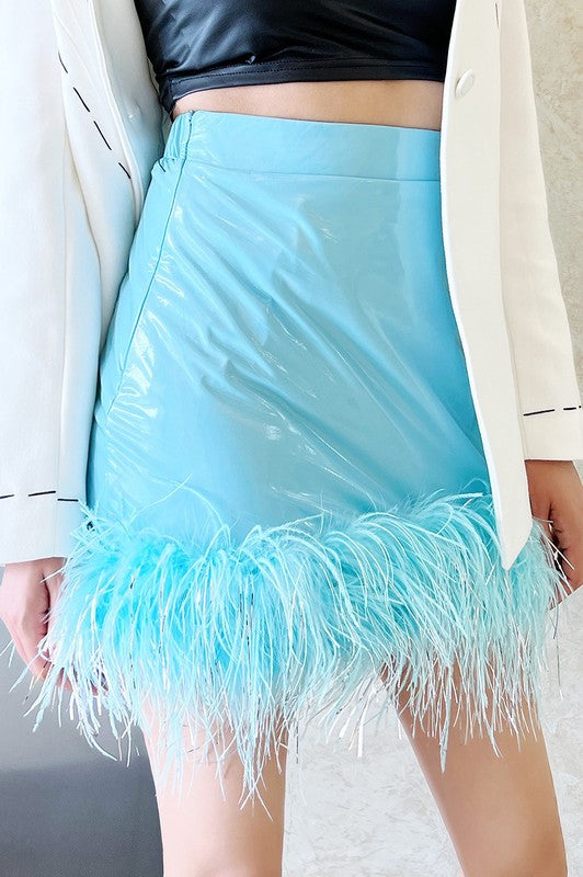 High Waist Leather Solid Feather Skirt