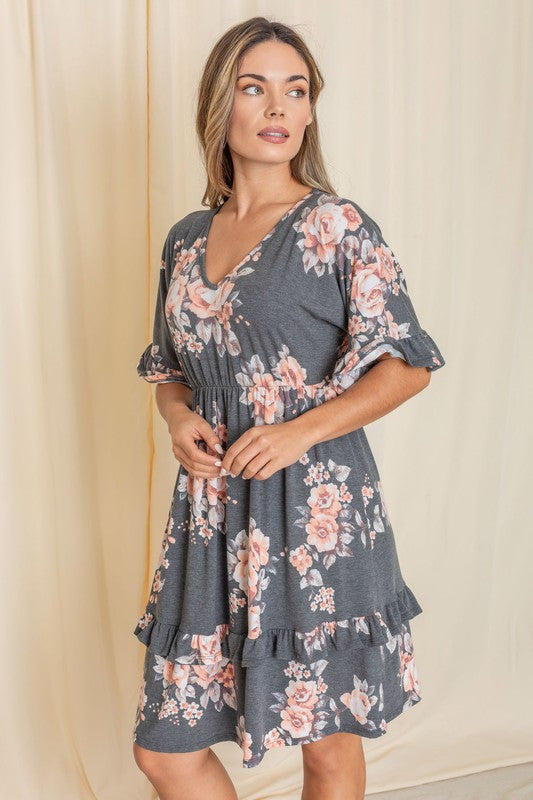 Floral V Neck Ruffle Dress