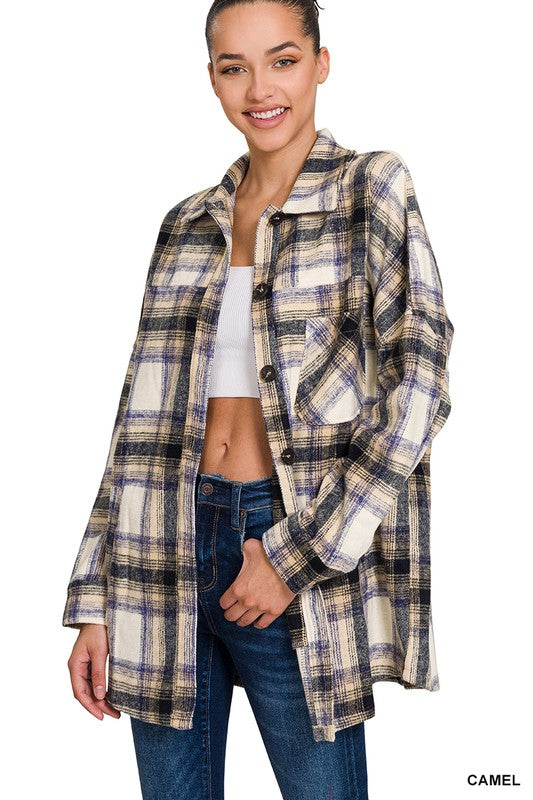 OVERSIZED YARN DYED PLAID LONGLINE SHACKET