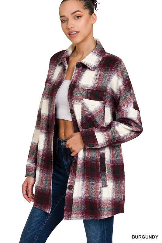 OVERSIZED YARN DYED PLAID LONGLINE SHACKET