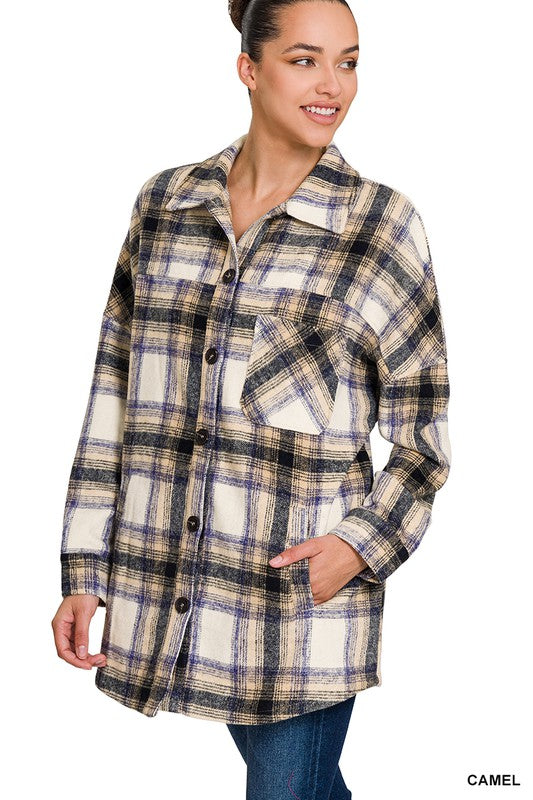 OVERSIZED YARN DYED PLAID LONGLINE SHACKET