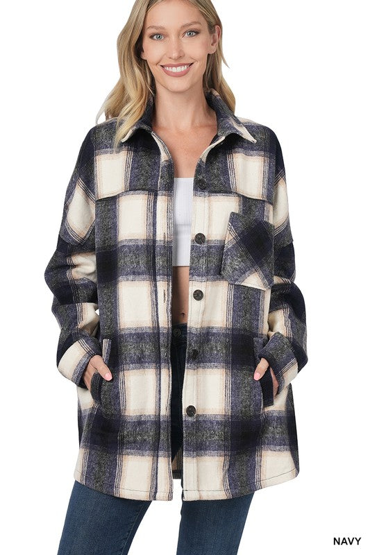 OVERSIZED YARN DYED PLAID LONGLINE SHACKET