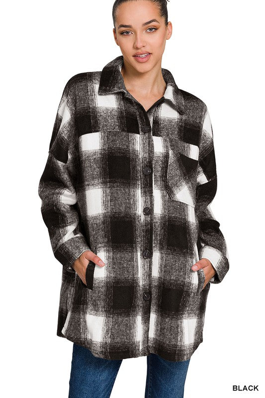 OVERSIZED YARN DYED PLAID LONGLINE SHACKET