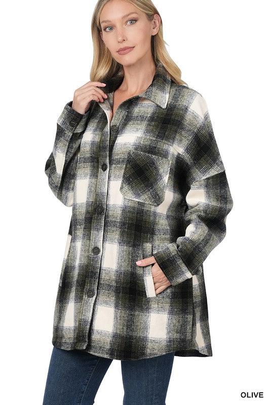 OVERSIZED YARN DYED PLAID LONGLINE SHACKET