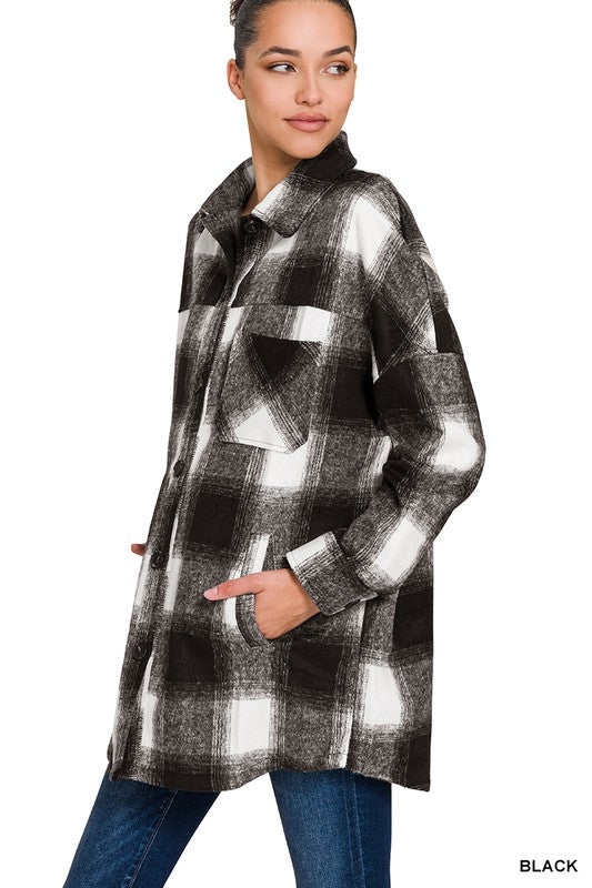 OVERSIZED YARN DYED PLAID LONGLINE SHACKET