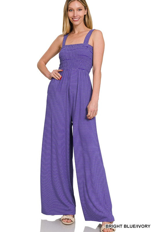 SMOCKED TOP STRIPED JUMPSUIT