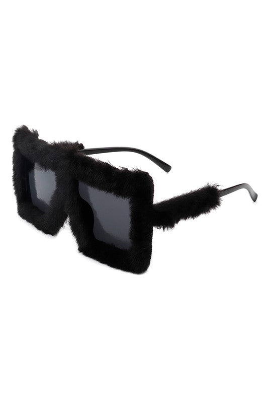 Square Oversize Fluffy Faux Fur Fashion Sunglasses