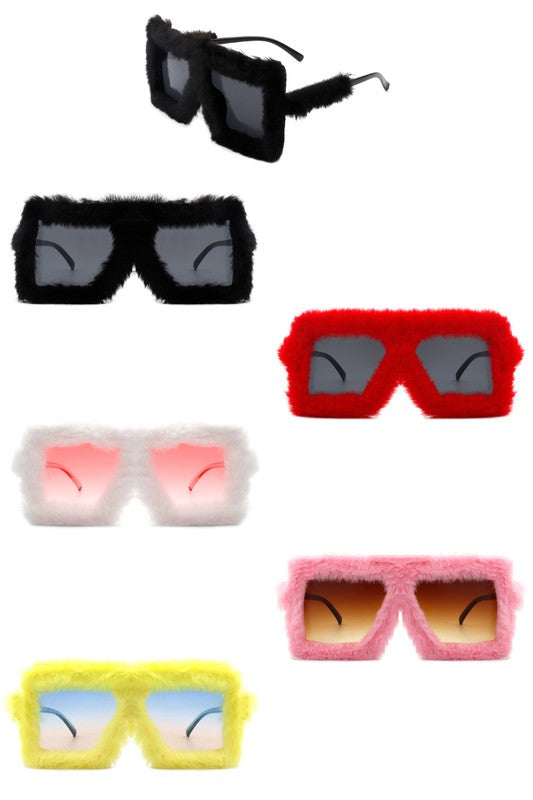 Square Oversize Fluffy Faux Fur Fashion Sunglasses