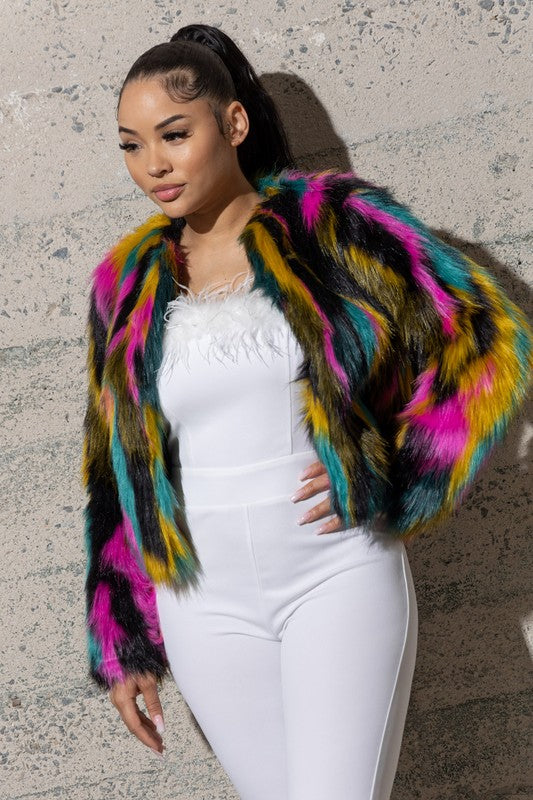 MULTI COLOR FURY COAT WITH SATIN LINING