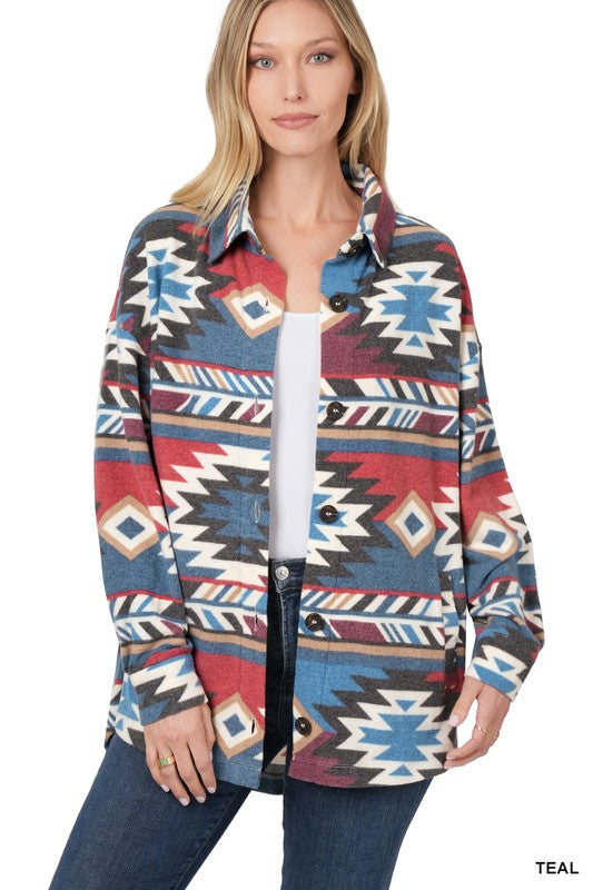 BRUSHED AZTEC OVERSIZED SHACKET WITH POCKETS