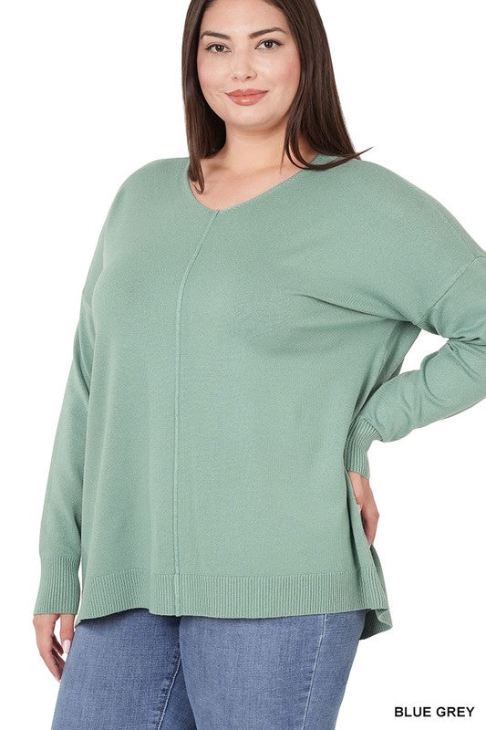 PLUS HI-LOW GARMENT DYED FRONT SEAM SWEATER