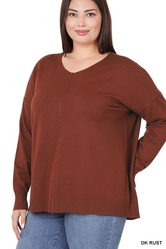 PLUS HI-LOW GARMENT DYED FRONT SEAM SWEATER