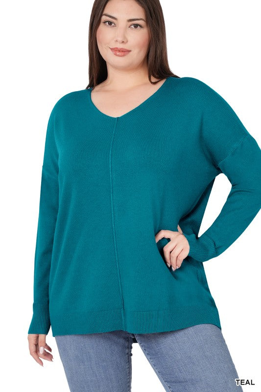 PLUS HI-LOW GARMENT DYED FRONT SEAM SWEATER