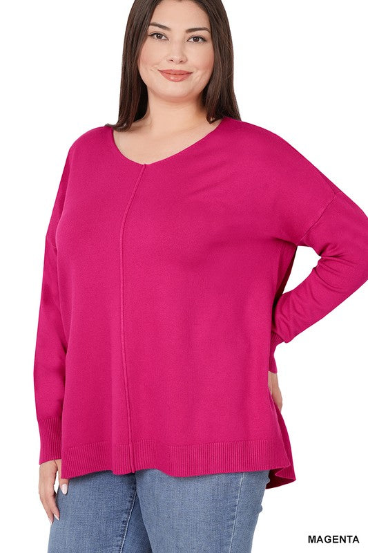 PLUS HI-LOW GARMENT DYED FRONT SEAM SWEATER