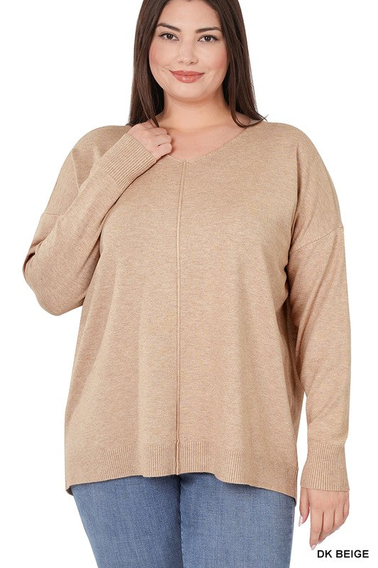 PLUS HI-LOW GARMENT DYED FRONT SEAM SWEATER