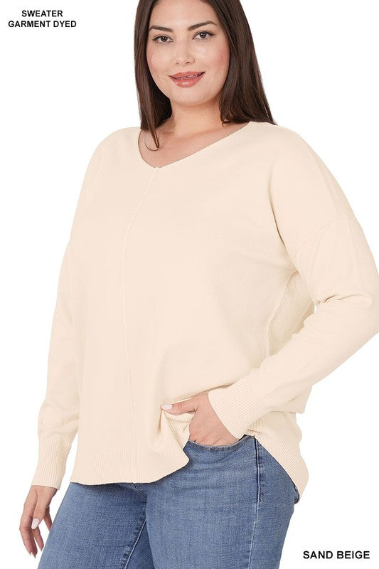 PLUS HI-LOW GARMENT DYED FRONT SEAM SWEATER