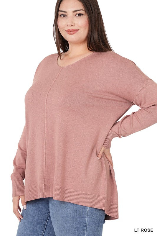 PLUS HI-LOW GARMENT DYED FRONT SEAM SWEATER