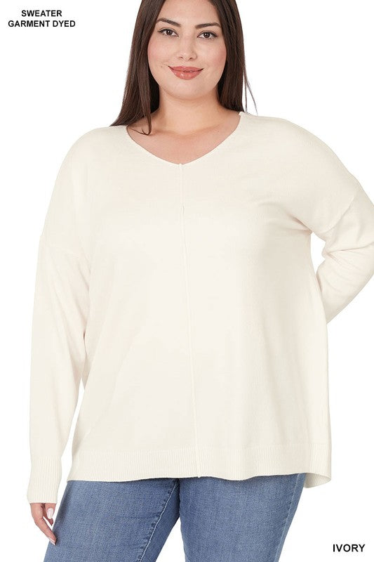 PLUS HI-LOW GARMENT DYED FRONT SEAM SWEATER