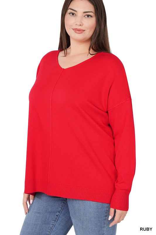 PLUS HI-LOW GARMENT DYED FRONT SEAM SWEATER