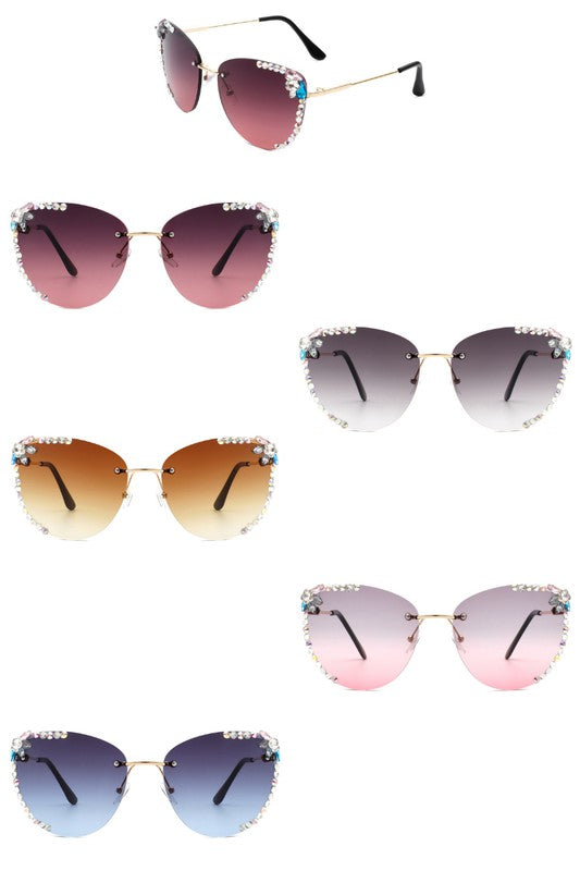 Rimless Rhinestone Fashion Cat Eye Sunglasses