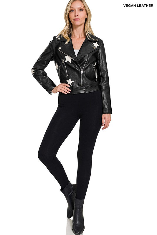 VEGAN LEATHER STAR PATCH MOTO JACKET