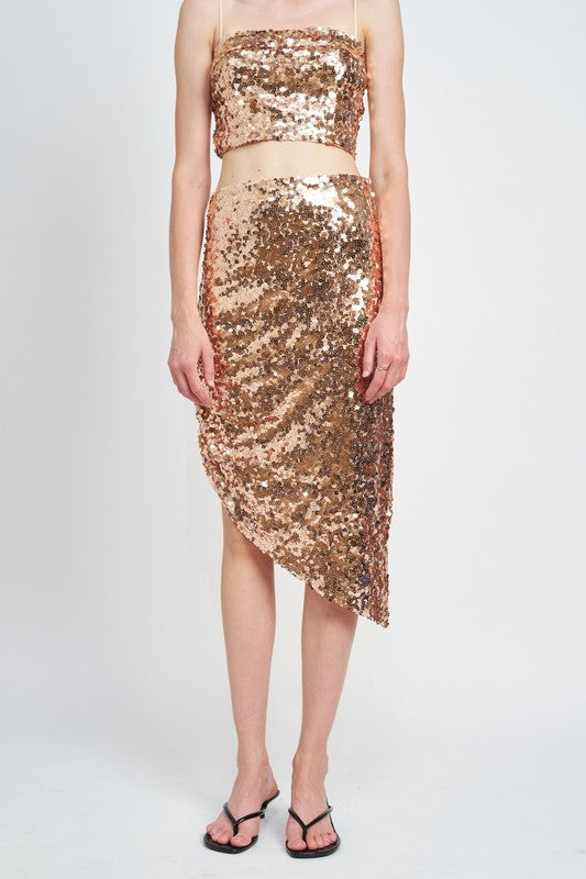 SEQUIN SHIRRED MIDI SKIRT