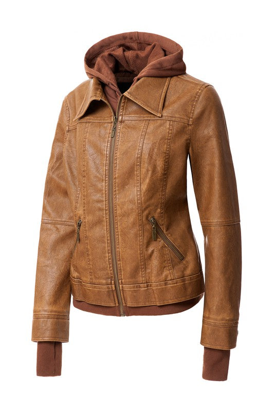 Women's Hood PU Leather Jacket