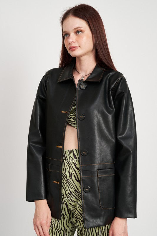 BUTTON UP LEATHER JACKET WITH CONTRAST STITCHING