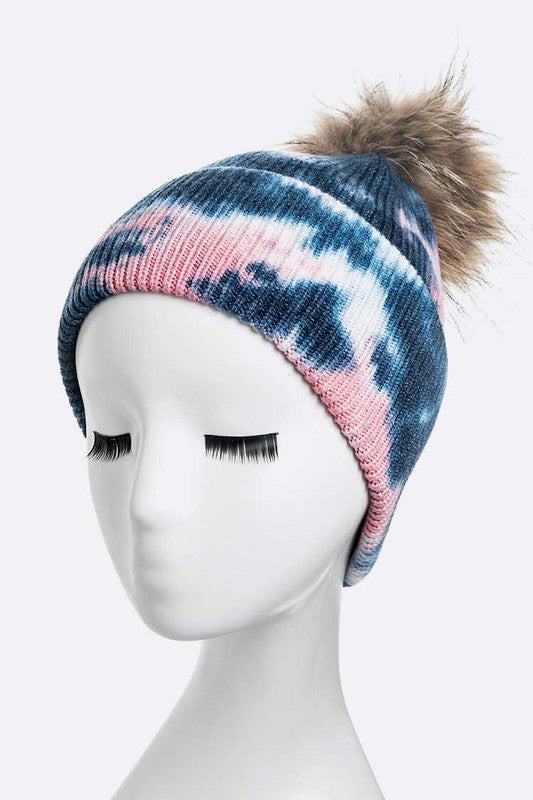 Tie Dyed Natural Raccoon Fur Pom Beanie