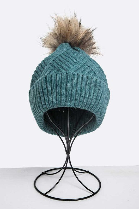 Raised Knit Large Fur Pom Beanie