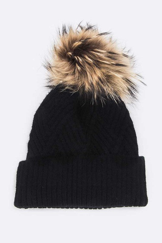 Raised Knit Large Fur Pom Beanie