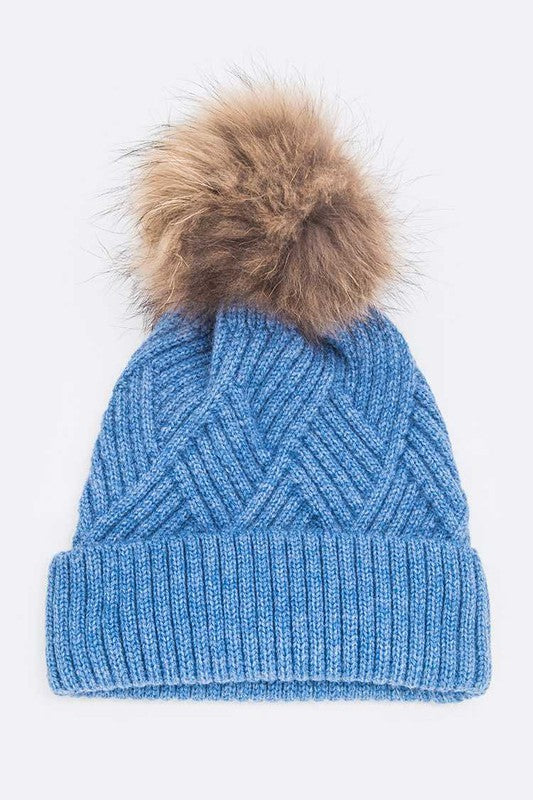 Raised Knit Large Fur Pom Beanie