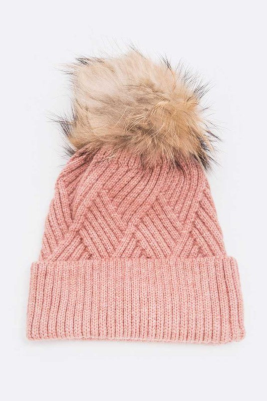 Raised Knit Large Fur Pom Beanie