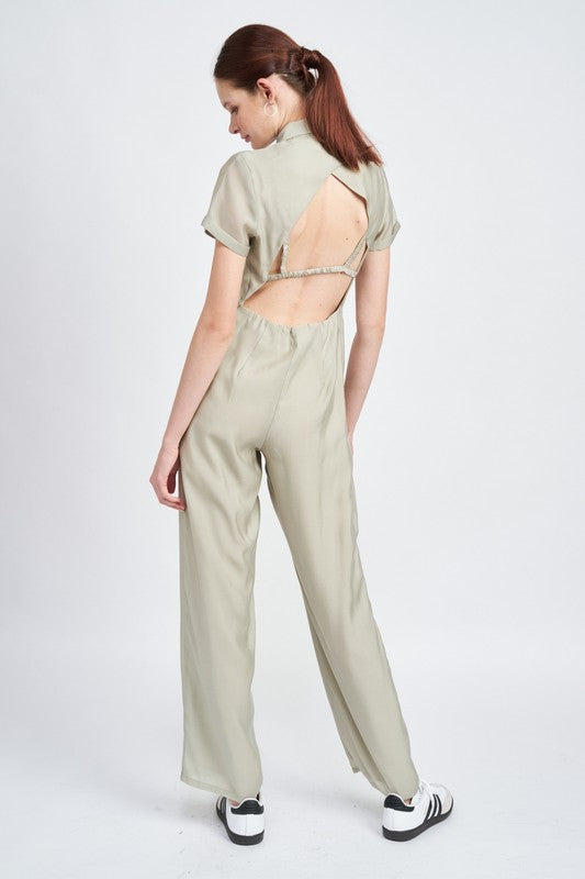 SHORT SLEEVE JUMPSUIT WITH OPEN BACK