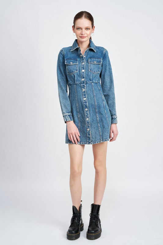 DENIM SHIRT DRESS WTIH CINCHED WAIST