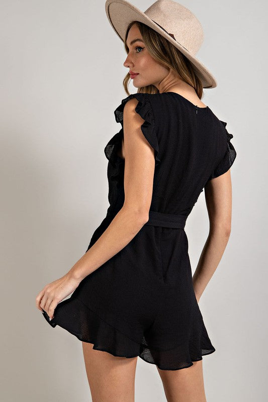 V-NECK RUFFLED WAIST TIE ROMPER