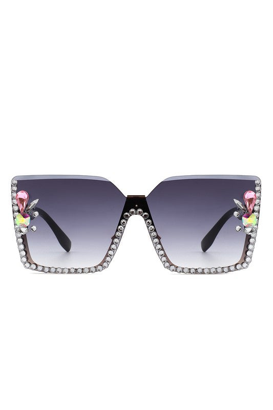 Oversize Half Frame Square Rhinestone Sunglasses