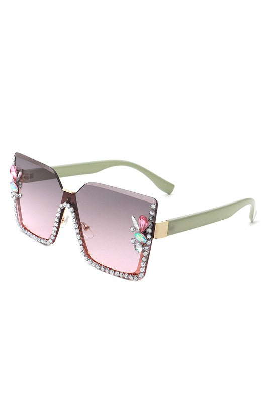 Oversize Half Frame Square Rhinestone Sunglasses