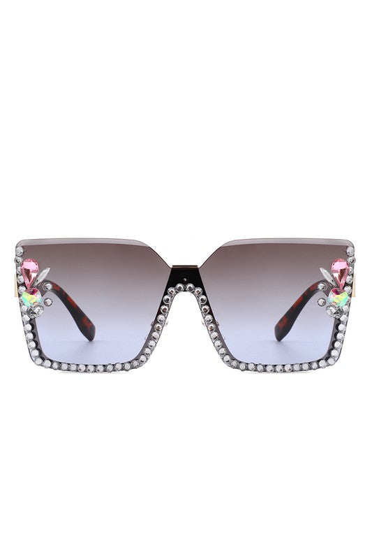 Oversize Half Frame Square Rhinestone Sunglasses