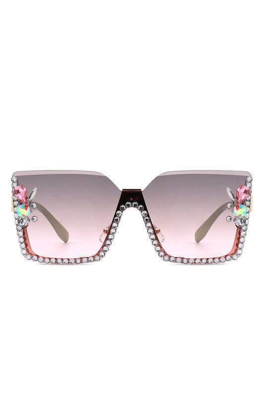 Oversize Half Frame Square Rhinestone Sunglasses