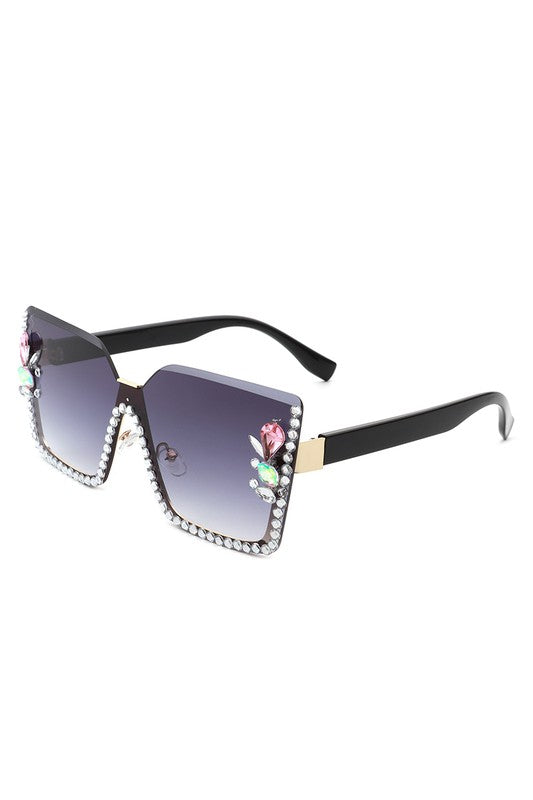 Oversize Half Frame Square Rhinestone Sunglasses