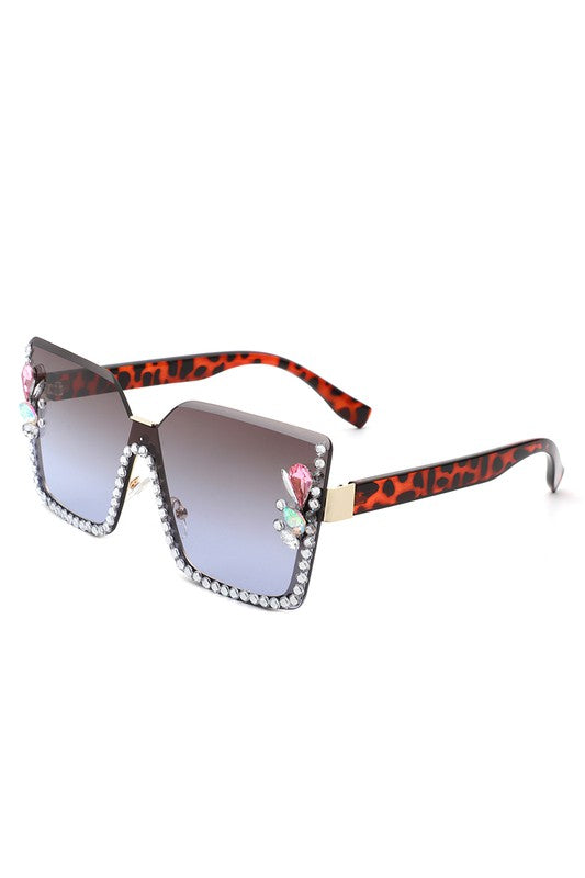 Oversize Half Frame Square Rhinestone Sunglasses