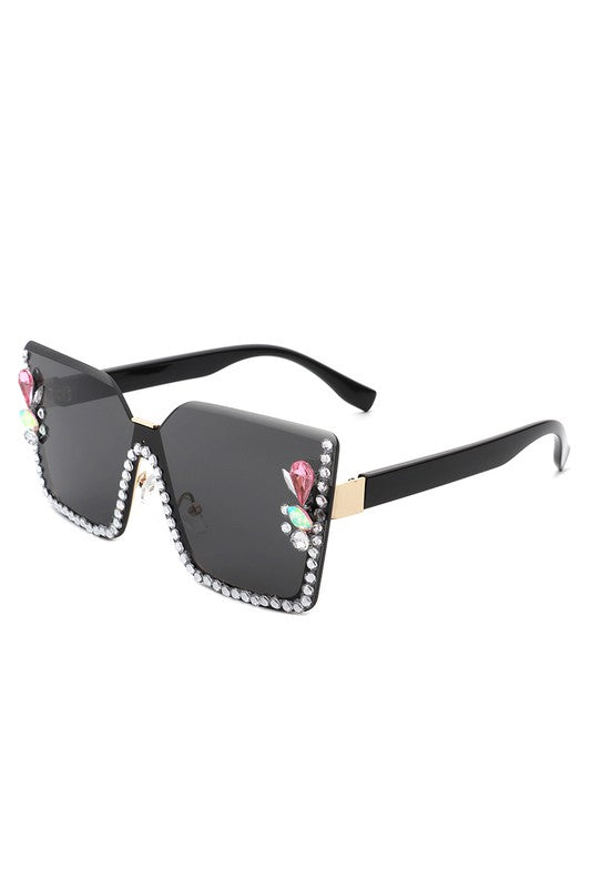 Oversize Half Frame Square Rhinestone Sunglasses