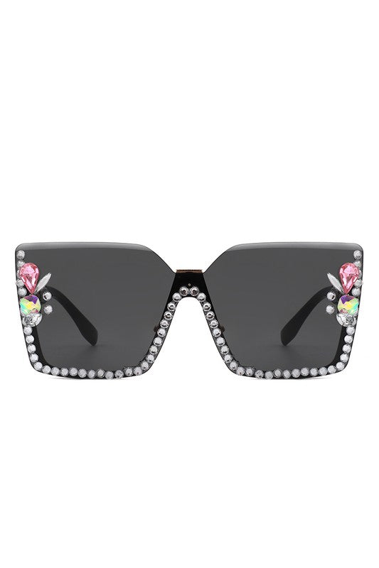 Oversize Half Frame Square Rhinestone Sunglasses