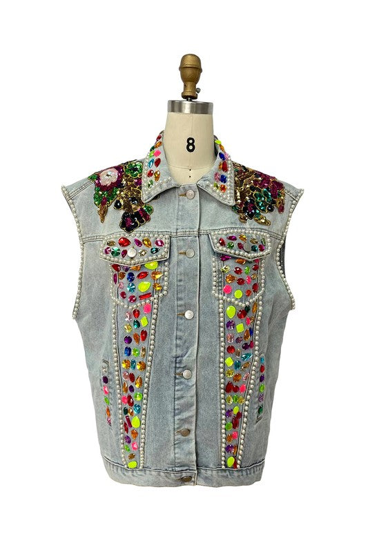 SLEEVELESS DENIM VEST WITH CRYSTAL AND PEARL