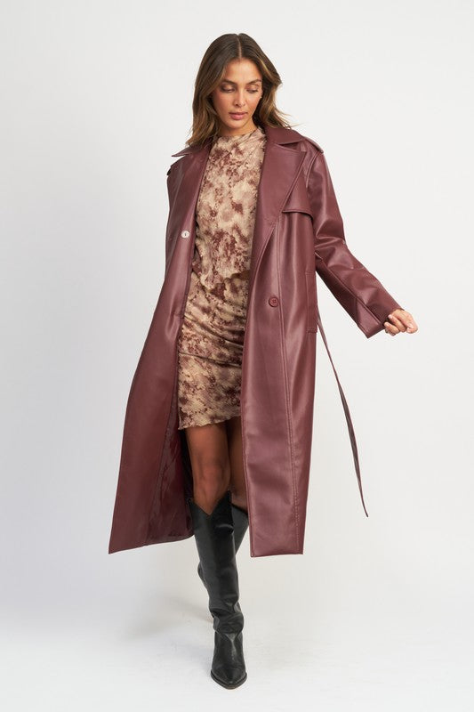 BELTED FAUX LEATHER COAT