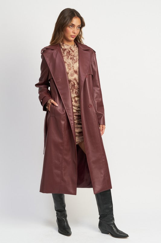 BELTED FAUX LEATHER COAT