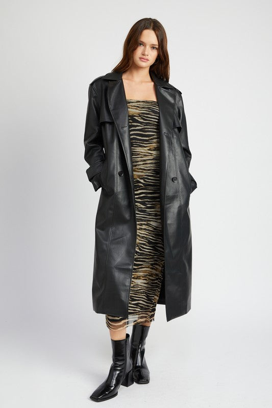 BELTED FAUX LEATHER COAT